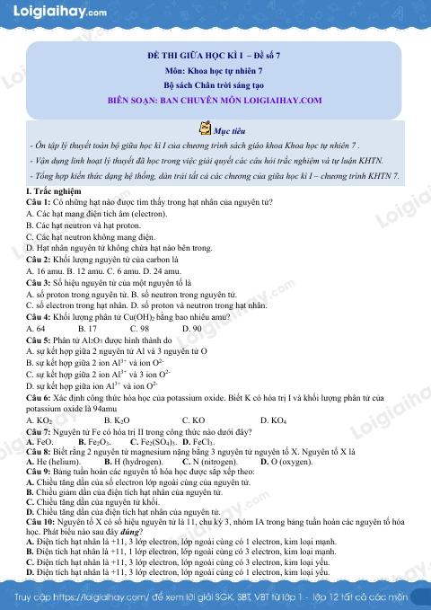 Đề thi giữa học kì 1 KHTN 7 Chân trời sáng tạo - Đề số 7